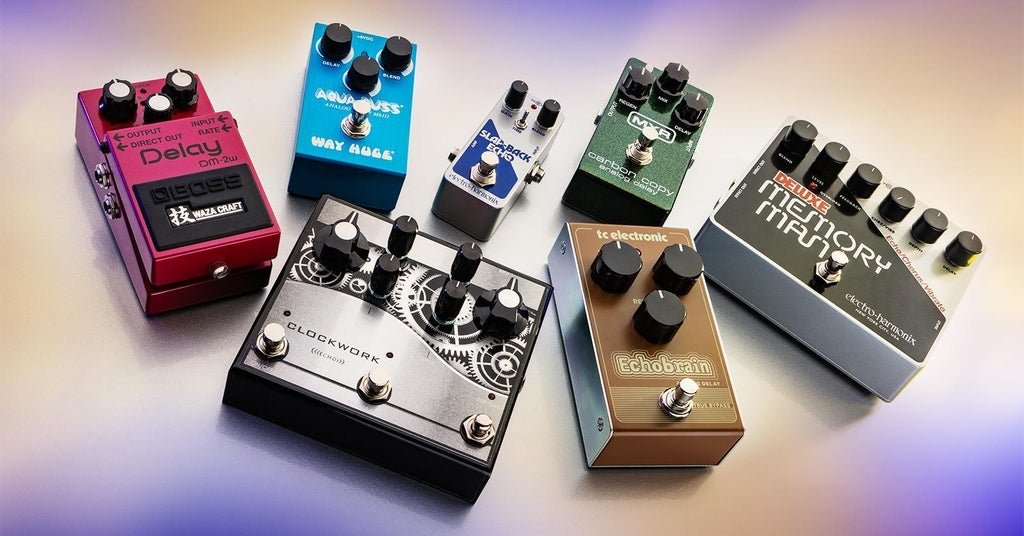 Collection of analog delay guitar pedals in studio