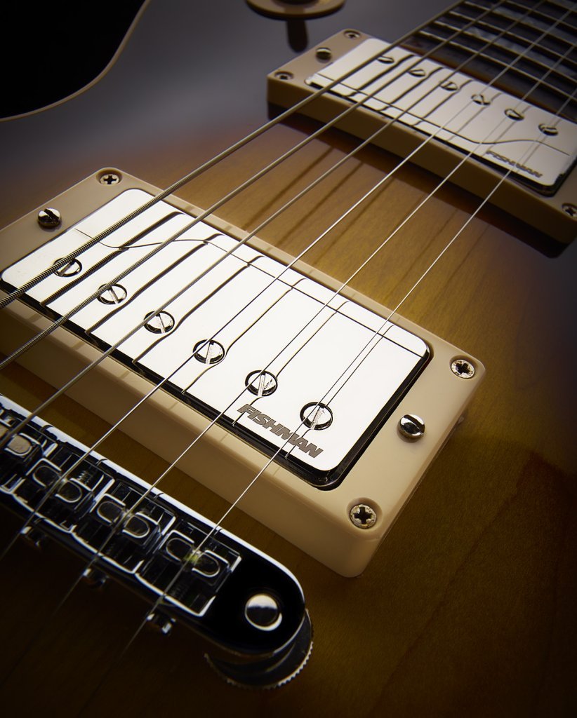 Close-up of electric guitar humbucker pickups and bridge