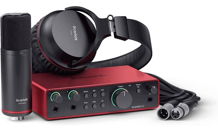 Professional Focusrite Scarlett studio setup with microphone and headphones
